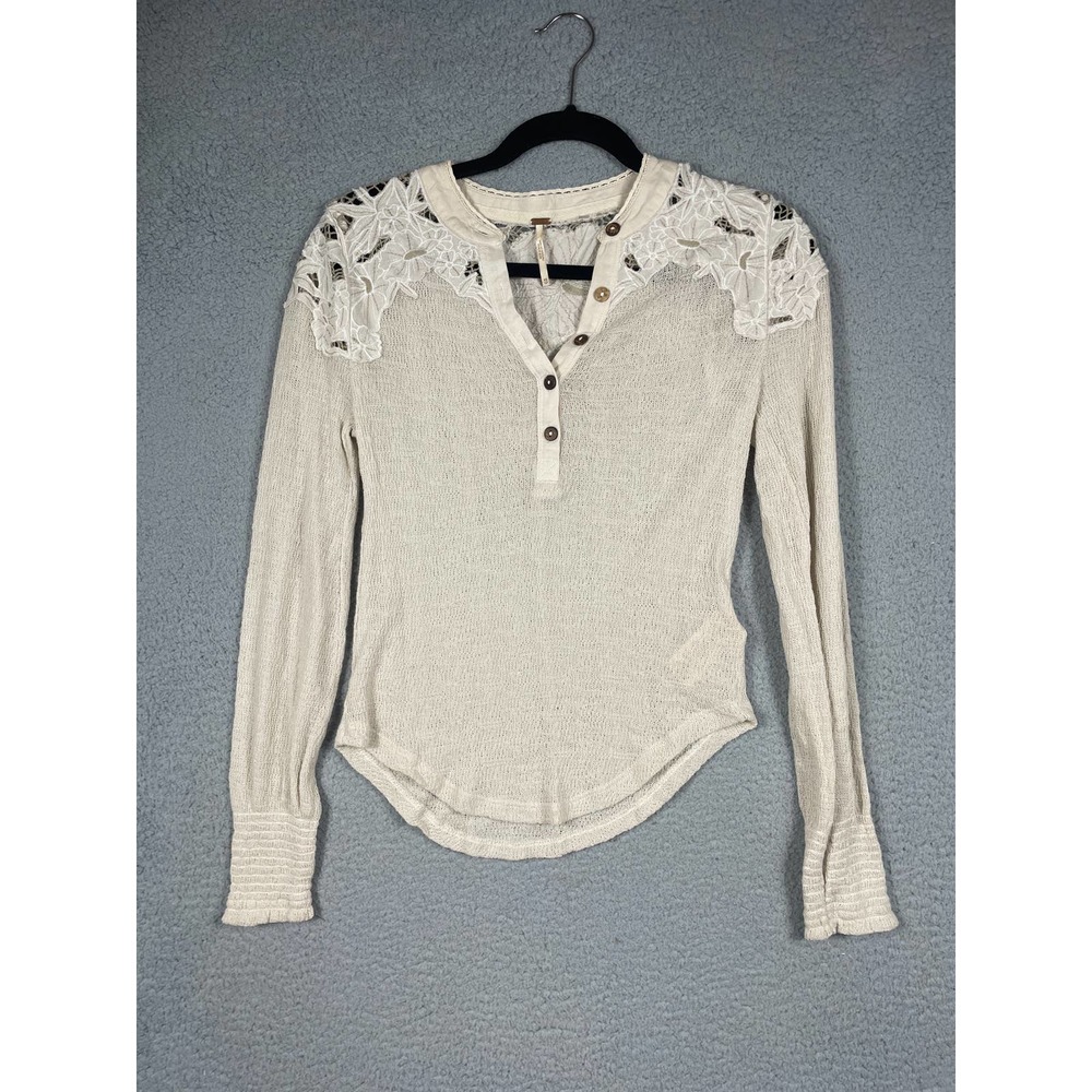 Free People Women's Cream Long Sleeve Shirt With Lace Detail Size XS